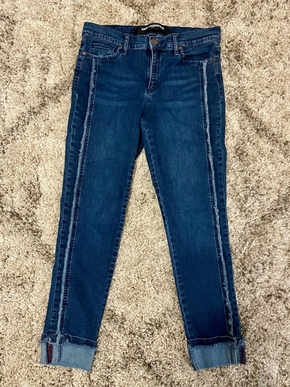 Karl Lagerfeld Paris Dark Wash Frayed Fringe Ankle Jeans Size 8 Tuxedo Stripe